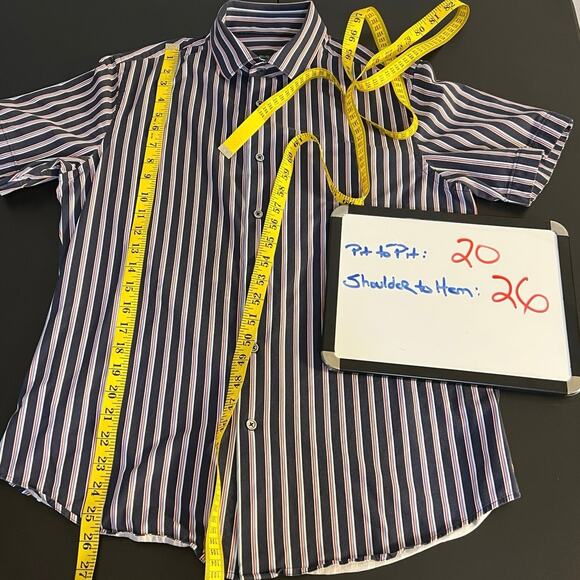 Bugatchi Blue and Red Striped Short Sleeve Comfort Stretch Button Down Size S - Picture 9 of 9